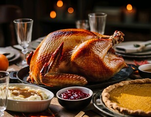 Traditional Thanksgiving or Christmas dinner table with a golden roasted turkey, mashed potatoes, cranberry sauce, and pumpkin pie