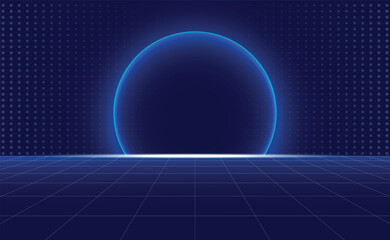 Futuristic Neon Grid Background: Abstract Sci-Fi Stage with a Glowing Blue Circle, Ideal for Technology, Virtual Reality, and Cyberpunk Design.