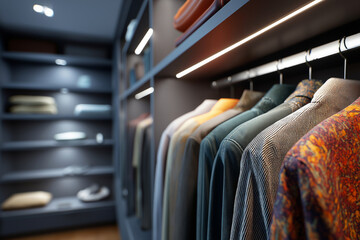 Obraz premium Contemporary closet interior with spotlight lighting, functional layout and designer home fashion on display
