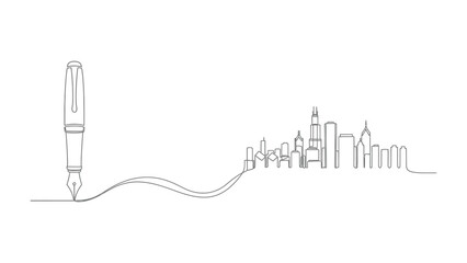 The City in Ink: A pen drawing a skyline, the stroke of the pen shaping the city's unique silhouette, a testament to design and creativity.