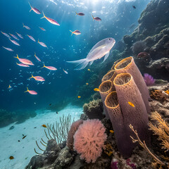 Vibrant coral reef teeming with diverse marine life and sunlit ocean waters.