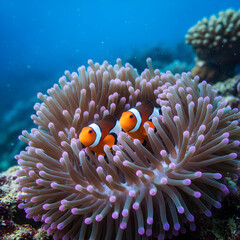 Two vibrant clownfish nestled safely within a colorful sea anemone underwater.