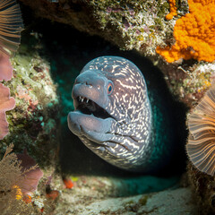 Intriguing moray eel peeking from colorful coral reef cave, revealing sharp teeth.