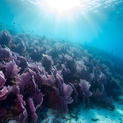 Sunlight streams through clear blue water illuminating a vibrant purple sea fan coral reef.