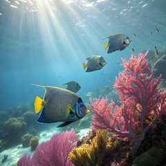 Vibrant coral reef teeming with colorful fish, bathed in ethereal sunbeams underwater.