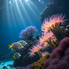 Vibrant coral reef teeming with colorful fish, illuminated by sunbeams filtering through clear blue ocean water.