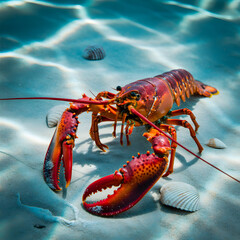 Vibrant red lobster rests on sandy seabed, surrounded by shells in clear ocean water.