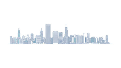 Fototapeta premium Skyline of the Urban Dream: A minimalist, clean outline of a city's skyline, showcasing the impressive architecture of skyscrapers and buildings, a symbol of progress and human aspiration.
