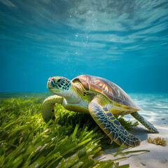 Majestic sea turtle glides gracefully through clear blue ocean water over lush seagrass.