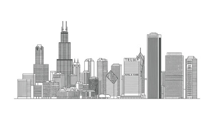 Naklejka premium Urban Silhouette: An evocative monochromatic line drawing captures the captivating skyline, showcasing architectural marvels of the city.