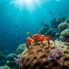 Vibrant orange crab perched on coral reef with sunbeams filtering through clear blue ocean water.