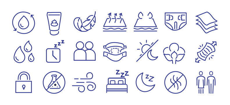 Diaper features editable stroke outline icons set isolated on white background flat vector illustration. Pixel perfect. 64 x 64.