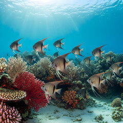 School of angelfish swims gracefully through vibrant coral reef with sunbeams illuminating the clear blue water.