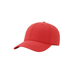 A single red baseball cap, with a curved brim and stitched panel details, isolated on white or transparent background. PNG