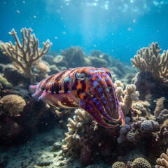 Vibrant cuttlefish glides gracefully through colorful coral reef ecosystem