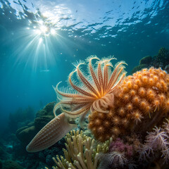 Sunlight streams through clear ocean water illuminating a delicate sea lily and vibrant coral reef.