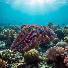 Vibrant cuttlefish displays intricate patterns while swimming through a sunlit coral reef.