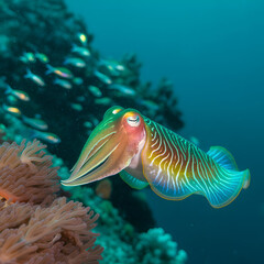 Vibrant cuttlefish gracefully swims near coral reef in clear ocean water