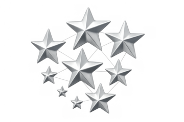 Silver 3d stars rotating in a circular composition, representing rating, success, quality, and excellence on transparent background