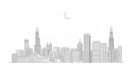 Obraz premium Cityscape Silhouette under Moonlight: A stylized silhouette of a modern cityscape unfolds against the night sky, illuminated by the gentle glow of the moon.