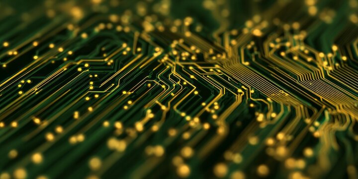 Close up view of illuminated electronic circuit board traces highlights complex technology
