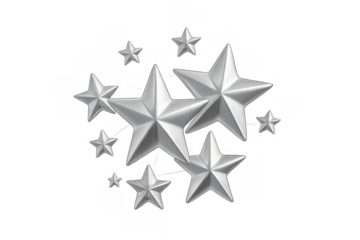 Shiny silver 3d stars symbolizing achievement, top-notch quality, and top marks. Set against a clear background