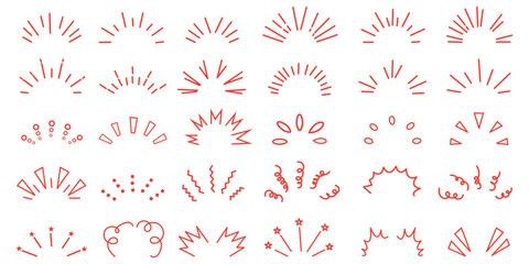 Line icon ray, confetti element set. Starburst line art with hand drawn glitter spark, pop icon shapes and surprise emphasis elements. vector set