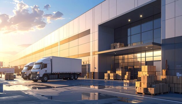 Modern distribution center with delivery trucks ready for shipping worldwide at sunrise