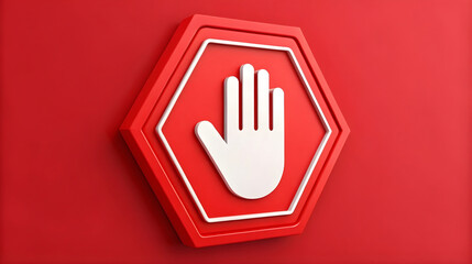 3D red stop sign with hand symbol, warning and prohibition icon, do not enter alert, safety notice, security caution, forbidden access symbol, restriction warning design