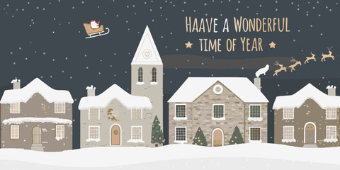 Charming snow covered village scene with santa in his sleigh and reindeer flying overhead wishing a wonderful time of year