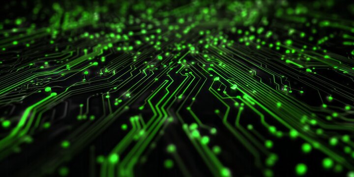 Illuminated green electronic pathways extend across a dark technological surface in a  view.