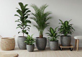 Fototapeta premium Group of varied indoor foliage plants presented in modern gray containers against a neutral wall