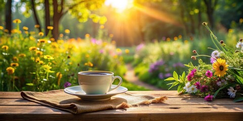 Serene Sunrise A Cup of Coffee on a Rustic Wooden Table Amongst Vibrant Blossoms in a Sunny Garden