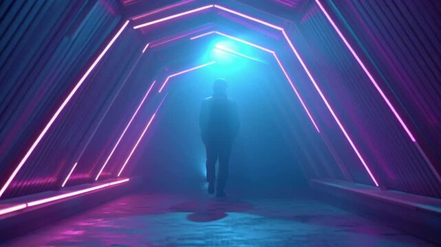 Silhouette of a man walking down a neonlit futuristic tunnel