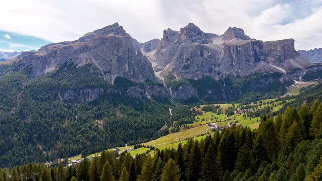 Beautiful Dolomites mountains Italy. Alta Badia, Alto Adige, Val Gardena in Dolomites Mountains. Gardena Pass in the Bolzano province. Dolomites. Sassongher Mountain peak Furcela de Ciampei 