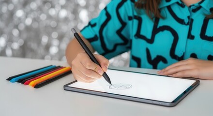 A person drawing on a digital tablet with a smart pen. Close-up of a hand sketching for a creative project. Modern technology and graphic design concept