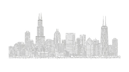 Naklejka premium Chicago Skyline: An elegant sketch depicts the majestic Chicago skyline. This is a city that is celebrated for its stunning architecture. The image presents a panoramic view of the iconic skyscrapers.