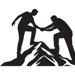 Helping friend reach the mountain top silhouette white background.