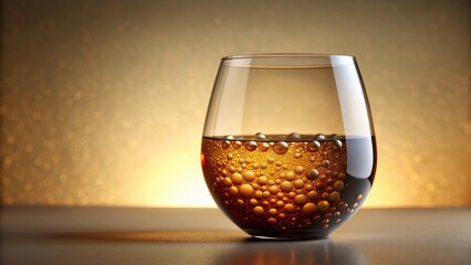 Amber Liquid in a Glass with Suspended Bubbles on a Golden Background