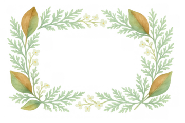 Watercolor botanical rectangular frame with wormwood leaves and delicate white flowers, transparent background