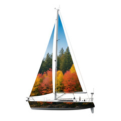 White sailboat, with sails displaying vibrant autumn forest landscape and blue sky, isolated on white or transparent background. PNG