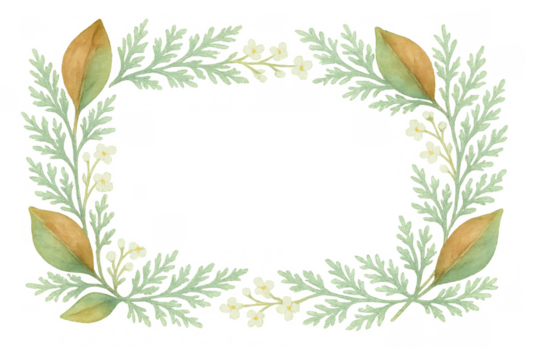 Watercolor botanical rectangular frame with wormwood leaves and delicate white flowers, transparent background - Powered by Adobe