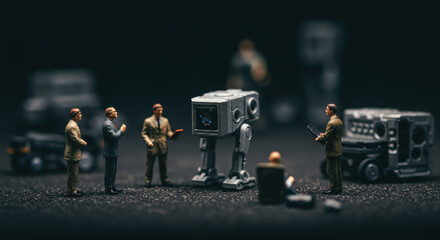 Miniature figures gather around a futuristic vehicle, evoking a sense of mystery and technological advancement. A striking composition.