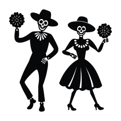 Mexican Skeleton Dancers with Marigold Flowers Silhouette
