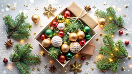 A Festive Arrangement of Ornamental Spheres, Evergreen Branches, and Sparkling Accents in a Gift Box