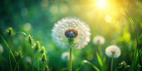 A sunlit meadow showcasing a vibrant dandelion in full bloom, surrounded by lush greenery and bathed in the warm glow of the afternoon sun.