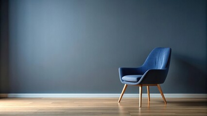 A solitary blue armchair against a slate-colored wall, bathed in sunlight on a light wood floor.
