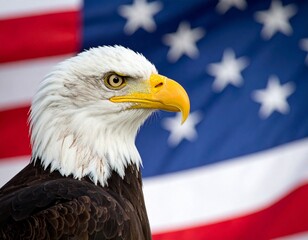 A close-up of a bald eagle with piercing eyes and a sharp yellow beak, set against the American flag—evoking strength, freedom, and the enduring spirit of national pride.