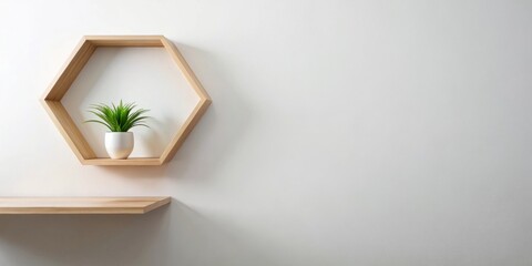 Minimalist home decor featuring a hexagonal wooden shelf with a potted plant and a lower shelf