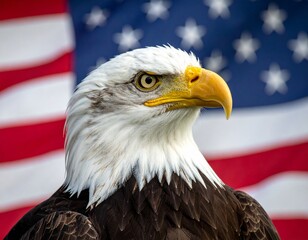 A close-up of a bald eagle with piercing eyes and a sharp yellow beak, set against the American flag—evoking strength, freedom, and the enduring spirit of national pride.